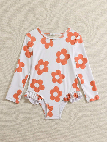 1pc Floral Print Ruffle Trim One-Piece Swimsuit For Young Girls