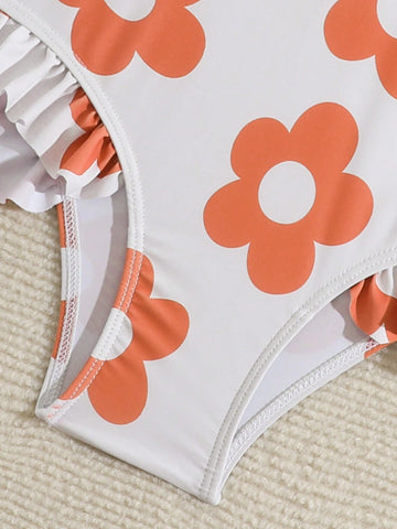 1pc Floral Print Ruffle Trim One-Piece Swimsuit For Young Girls
