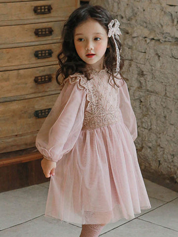 1pc French Court Style Solid Color Chiffon Long Sleeve Lantern Sleeve Princess Dress For Girls, Suitable For Birthday Party Or Children's Day, Spring And Autumn Season