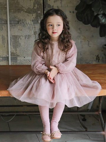 1pc French Court Style Solid Color Chiffon Long Sleeve Lantern Sleeve Princess Dress For Girls, Suitable For Birthday Party Or Children's Day, Spring And Autumn Season