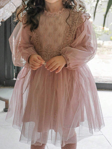 1pc French Court Style Solid Color Chiffon Long Sleeve Lantern Sleeve Princess Dress For Girls, Suitable For Birthday Party Or Children's Day, Spring And Autumn Season