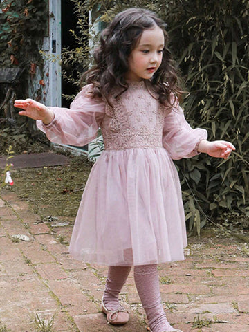 1pc French Court Style Solid Color Chiffon Long Sleeve Lantern Sleeve Princess Dress For Girls, Suitable For Birthday Party Or Children's Day, Spring And Autumn Season