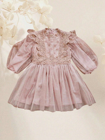 1pc French Court Style Solid Color Chiffon Long Sleeve Lantern Sleeve Princess Dress For Girls, Suitable For Birthday Party Or Children's Day, Spring And Autumn Season