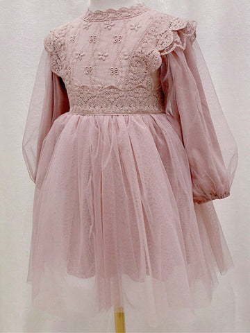 1pc French Court Style Solid Color Chiffon Long Sleeve Lantern Sleeve Princess Dress For Girls, Suitable For Birthday Party Or Children's Day, Spring And Autumn Season