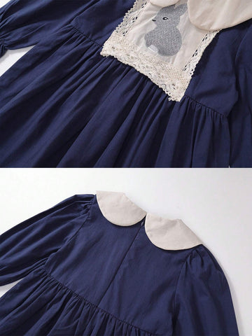 1pc French Style Rural Princess Fairy Tale Pure Cotton Rabbit Embroidered Doll Collar Sweet Lovely Long-Sleeved Princess Dress For Girls, Vacation, Casual, Spring And Autumn