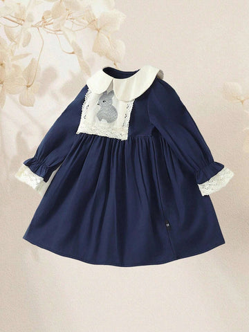 1pc French Style Rural Princess Fairy Tale Pure Cotton Rabbit Embroidered Doll Collar Sweet Lovely Long-Sleeved Princess Dress For Girls, Vacation, Casual, Spring And Autumn