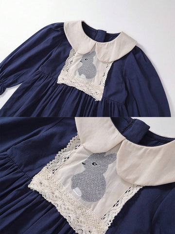 1pc French Style Rural Princess Fairy Tale Pure Cotton Rabbit Embroidered Doll Collar Sweet Lovely Long-Sleeved Princess Dress For Girls, Vacation, Casual, Spring And Autumn