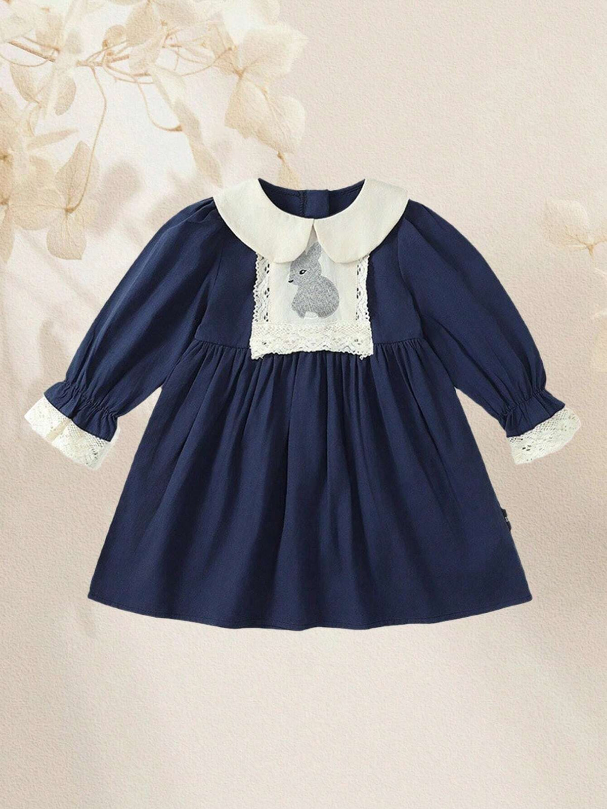 1pc French Style Rural Princess Fairy Tale Pure Cotton Rabbit Embroidered Doll Collar Sweet Lovely Long-Sleeved Princess Dress For Girls, Vacation, Casual, Spring And Autumn