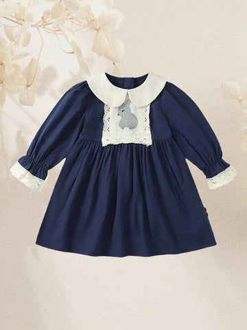 1pc French Style Rural Princess Fairy Tale Pure Cotton Rabbit Embroidered Doll Collar Sweet Lovely Long-Sleeved Princess Dress For Girls, Vacation, Casual, Spring And Autumn