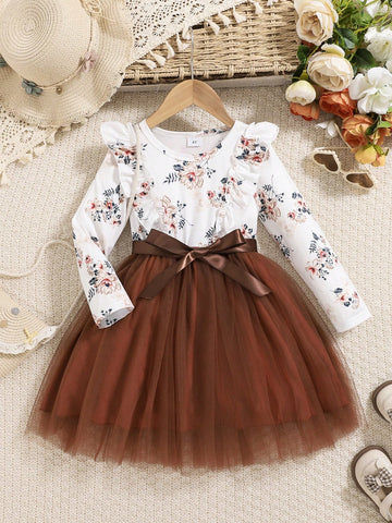 1pc Girl Autumn/Winter Casual Trendy Brown Floral Print Mesh Dress Set, Brown Floral Print Ruffle Mesh Long Sleeve Dress