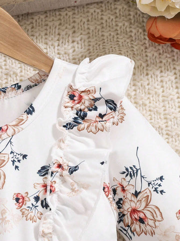 1pc Girl Autumn/Winter Casual Trendy Brown Floral Print Mesh Dress Set, Brown Floral Print Ruffle Mesh Long Sleeve Dress