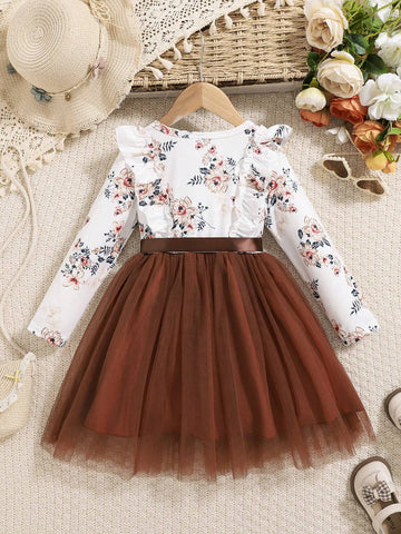 1pc Girl Autumn/Winter Casual Trendy Brown Floral Print Mesh Dress Set, Brown Floral Print Ruffle Mesh Long Sleeve Dress
