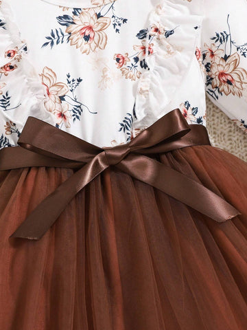 1pc Girl Autumn/Winter Casual Trendy Brown Floral Print Mesh Dress Set, Brown Floral Print Ruffle Mesh Long Sleeve Dress