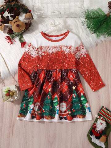 1pc Girl Casual Christmas Style Snowflake, Snowman, Christmas Tree & Santa Claus Print Soft & Comfortable Knitted Fabric Long Sleeve Dress, Autumn/Winter