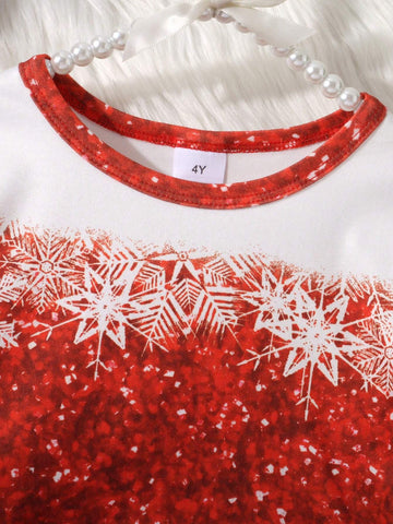 1pc Girl Casual Christmas Style Snowflake, Snowman, Christmas Tree & Santa Claus Print Soft & Comfortable Knitted Fabric Long Sleeve Dress, Autumn/Winter