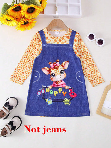 1pc Girl Casual "HAPPY" English Letter & Giraffe Print Soft Comfortable Knitted Denim Look Dress, Autumn/Winter