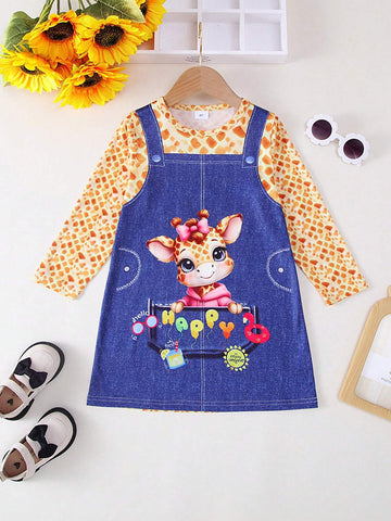 1pc Girl Casual "HAPPY" English Letter & Giraffe Print Soft Comfortable Knitted Denim Look Dress, Autumn/Winter