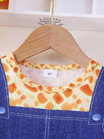 1pc Girl Casual "HAPPY" English Letter & Giraffe Print Soft Comfortable Knitted Denim Look Dress, Autumn/Winter