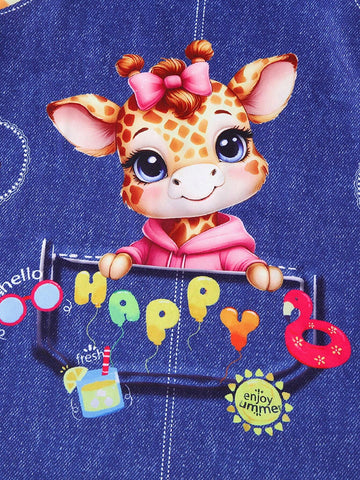 1pc Girl Casual "HAPPY" English Letter & Giraffe Print Soft Comfortable Knitted Denim Look Dress, Autumn/Winter