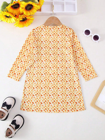 1pc Girl Casual "HAPPY" English Letter & Giraffe Print Soft Comfortable Knitted Denim Look Dress, Autumn/Winter