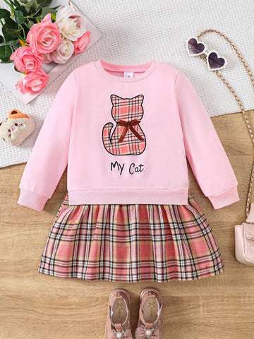 1pc Girl Casual "My Cat" Letter & Bow Tie Kitty Print Soft Knitted Long Sleeve Dress, Autumn/Winter