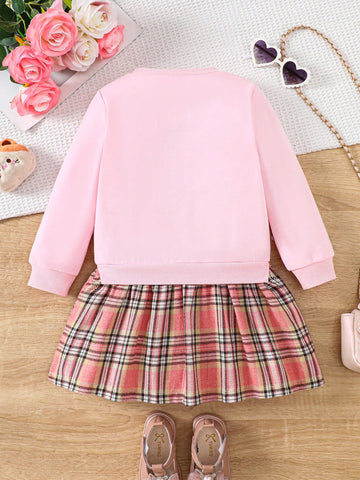 1pc Girl Casual "My Cat" Letter & Bow Tie Kitty Print Soft Knitted Long Sleeve Dress, Autumn/Winter