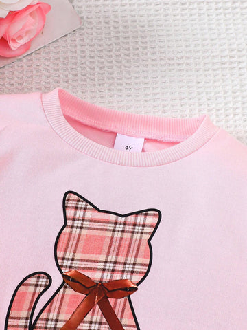 1pc Girl Casual "My Cat" Letter & Bow Tie Kitty Print Soft Knitted Long Sleeve Dress, Autumn/Winter