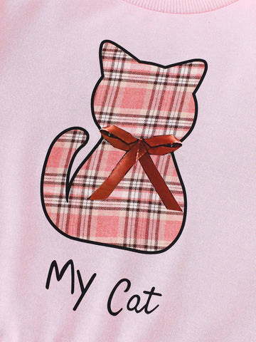 1pc Girl Casual "My Cat" Letter & Bow Tie Kitty Print Soft Knitted Long Sleeve Dress, Autumn/Winter