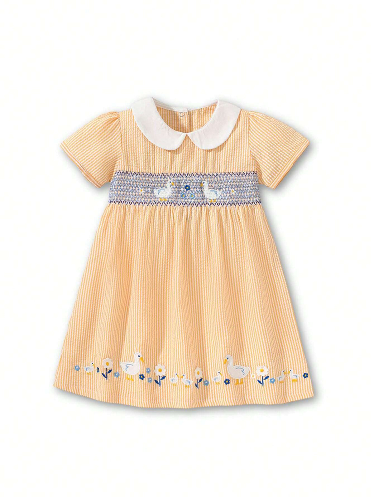 1pc Girl Doll Collar Stripe Short Sleeve Dress With Anchor And Cute Duck Pattern For Summer