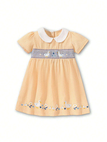 1pc Girl Doll Collar Stripe Short Sleeve Dress With Anchor And Cute Duck Pattern For Summer