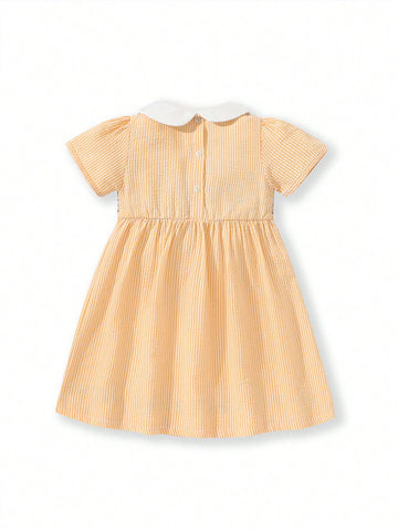 1pc Girl Doll Collar Stripe Short Sleeve Dress With Anchor And Cute Duck Pattern For Summer