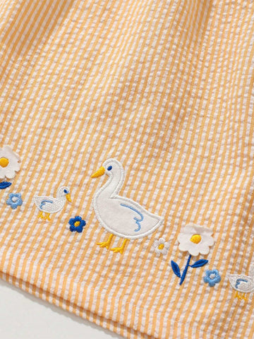 1pc Girl Doll Collar Stripe Short Sleeve Dress With Anchor And Cute Duck Pattern For Summer