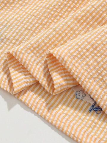 1pc Girl Doll Collar Stripe Short Sleeve Dress With Anchor And Cute Duck Pattern For Summer