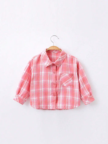 1pc Girl Plaid Print Long Sleeve Casual Shirt, Spring Autumn
