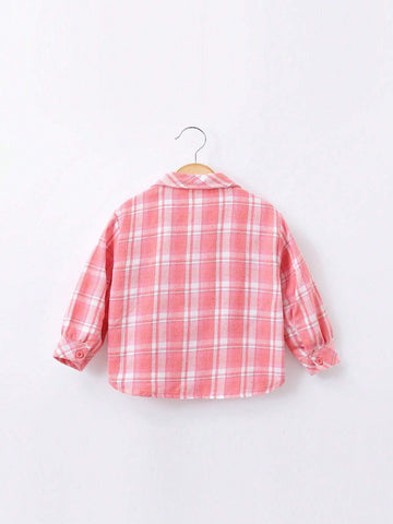1pc Girl Plaid Print Long Sleeve Casual Shirt, Spring Autumn
