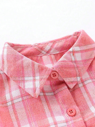 1pc Girl Plaid Print Long Sleeve Casual Shirt, Spring Autumn