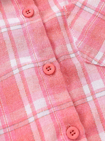 1pc Girl Plaid Print Long Sleeve Casual Shirt, Spring Autumn