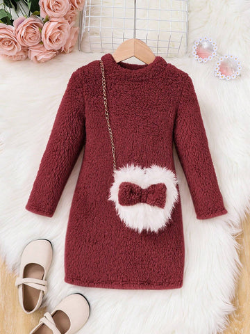 1pc Girl Sweet Heart Solid Color Double-Sided Fleece Knit Dress & Diagonal Cross Body Bag, Young Style