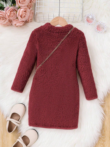 1pc Girl Sweet Heart Solid Color Double-Sided Fleece Knit Dress & Diagonal Cross Body Bag, Young Style