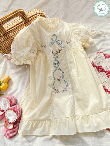 1pc Girls' Bowknot Embroidered Lace Stand Collar Dress, Spring/Summer