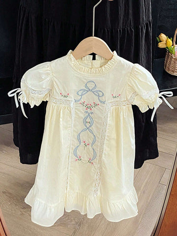 1pc Girls' Bowknot Embroidered Lace Stand Collar Dress, Spring/Summer