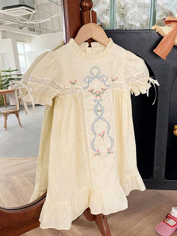 1pc Girls' Bowknot Embroidered Lace Stand Collar Dress, Spring/Summer