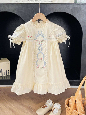 1pc Girls' Bowknot Embroidered Lace Stand Collar Dress, Spring/Summer