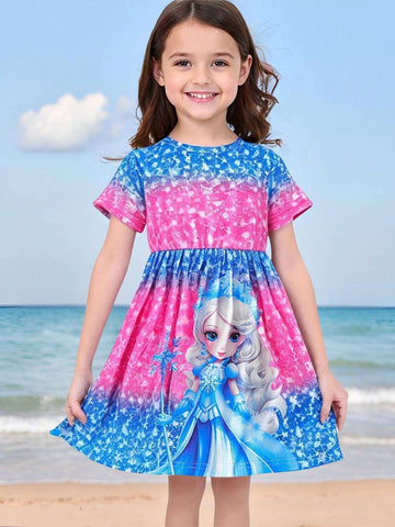 1pc Girls Cartoon Princess Print Pattern Fashionable Round Neck A-Line Elastic Waist Short Sleeve Dress, Suitable For Party, Beach, Holiday In Summer