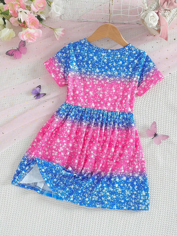 1pc Girls Cartoon Princess Print Pattern Fashionable Round Neck A-Line Elastic Waist Short Sleeve Dress, Suitable For Party, Beach, Holiday In Summer