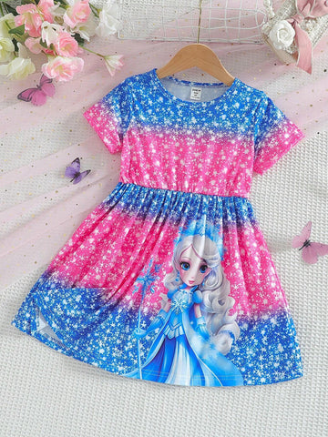 1pc Girls Cartoon Princess Print Pattern Fashionable Round Neck A-Line Elastic Waist Short Sleeve Dress, Suitable For Party, Beach, Holiday In Summer