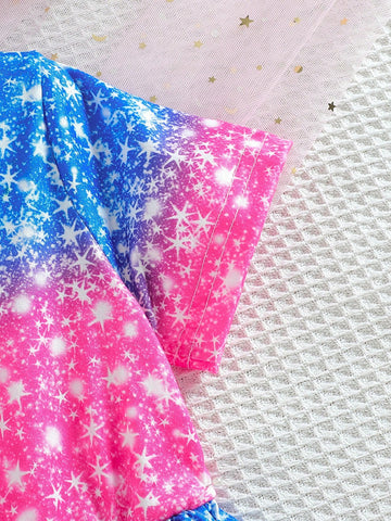 1pc Girls Cartoon Princess Print Pattern Fashionable Round Neck A-Line Elastic Waist Short Sleeve Dress, Suitable For Party, Beach, Holiday In Summer