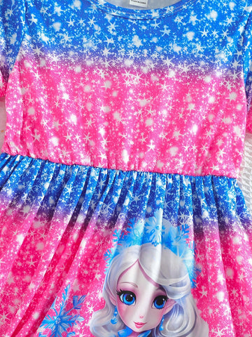 1pc Girls Cartoon Princess Print Pattern Fashionable Round Neck A-Line Elastic Waist Short Sleeve Dress, Suitable For Party, Beach, Holiday In Summer