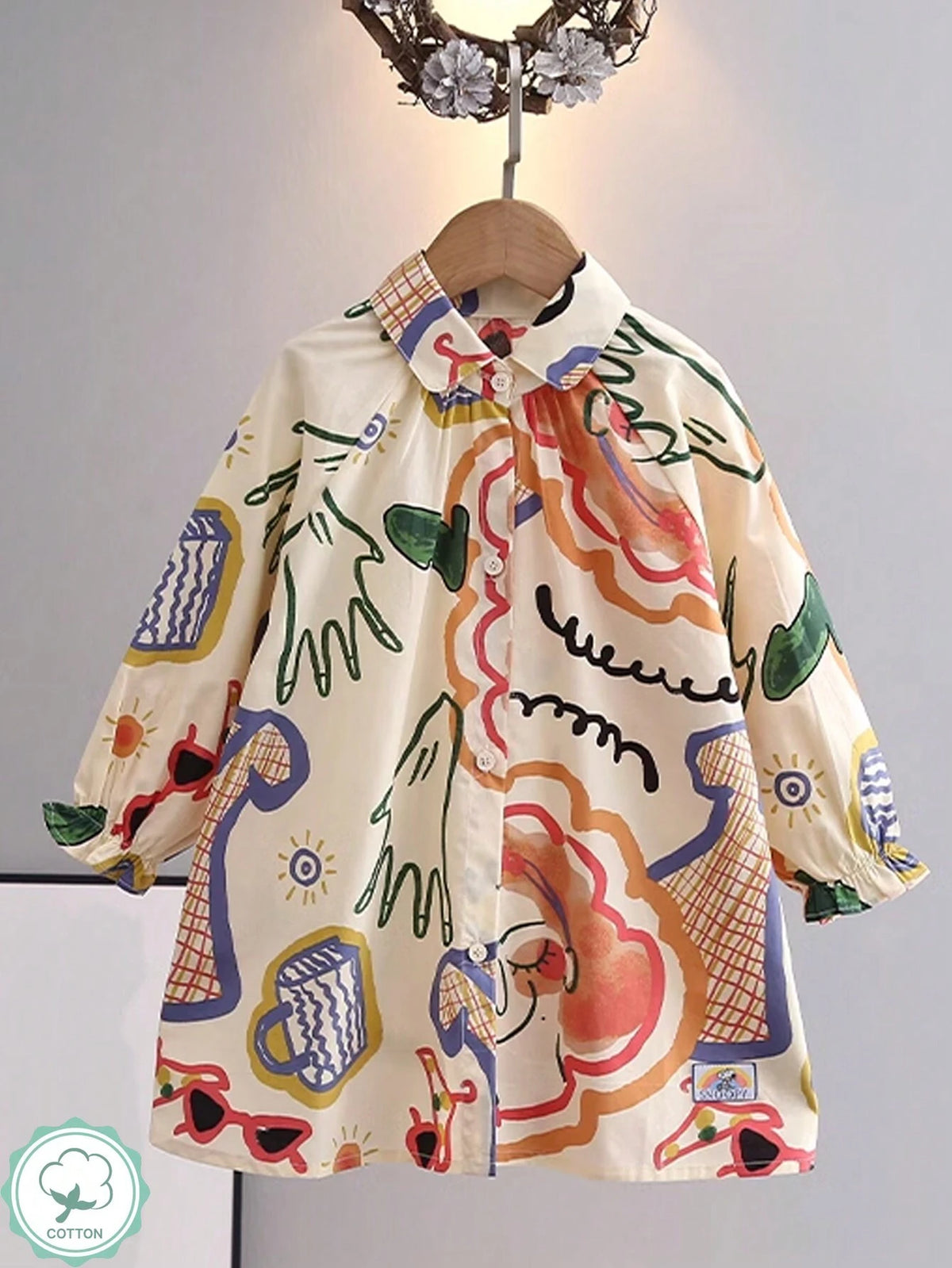 1pc Girls Cartoon Print Graffiti Long Sleeve Shirt Dress, Autumn
