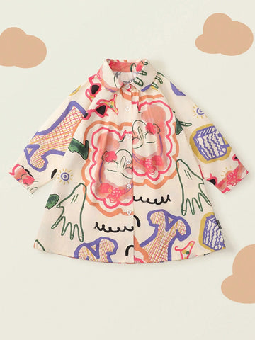 1pc Girls Cartoon Print Graffiti Long Sleeve Shirt Dress, Autumn